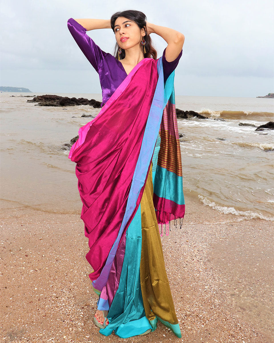 Chidiyaa Handwoven Cotton Rani Rainbow Saree with Unstitched Blouse
