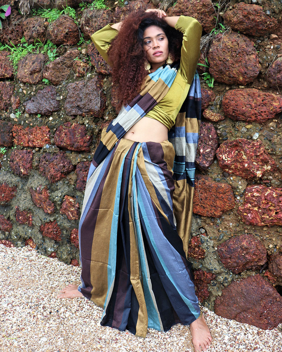Chidiyaa Handwoven Cotton Sage Rainbow Saree with Unstitched Blouse