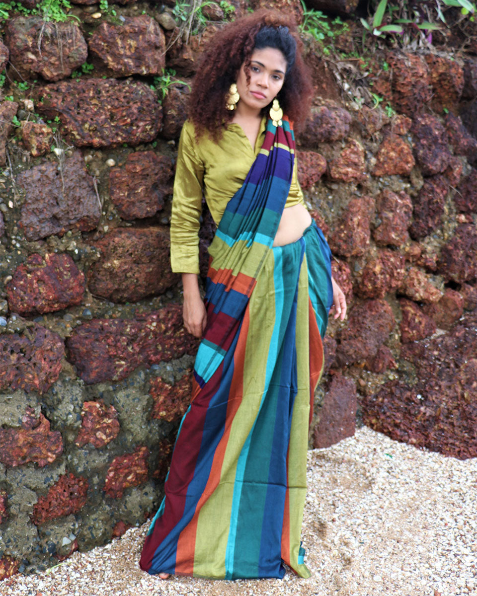 Chidiyaa Handwoven Cotton Peacock Rainbow Saree with Unstitched Blouse