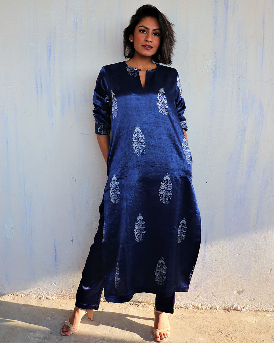 Chidiyaa Blue Mashru Silk Kurti, Pant (Set of 2)