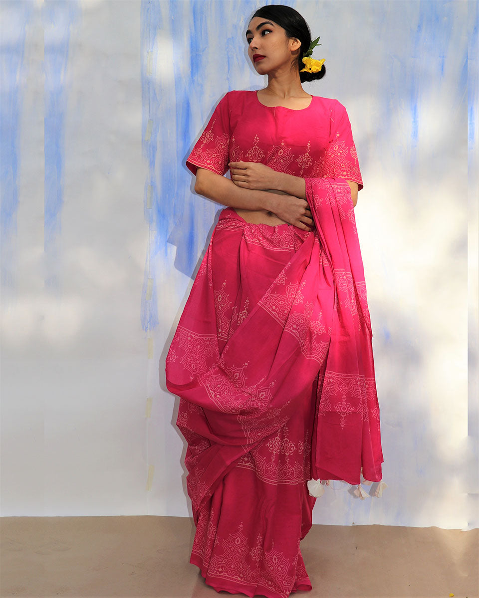 Chidiyaa SKD Rani Handprinted Pure Cotton Saree