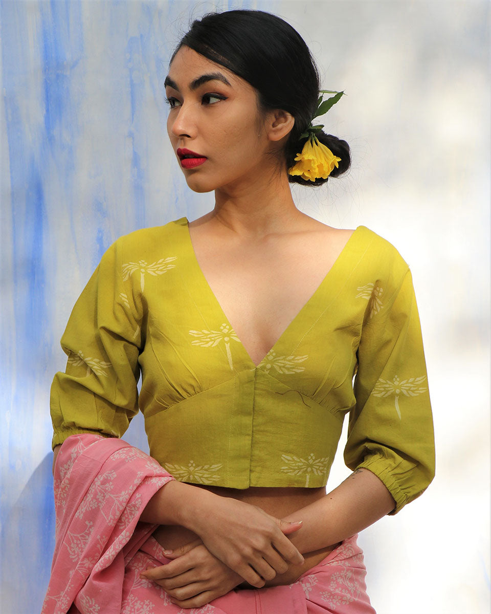 Chidiyaa SKD Parrot Green Handprinted Pure Cotton Blouse