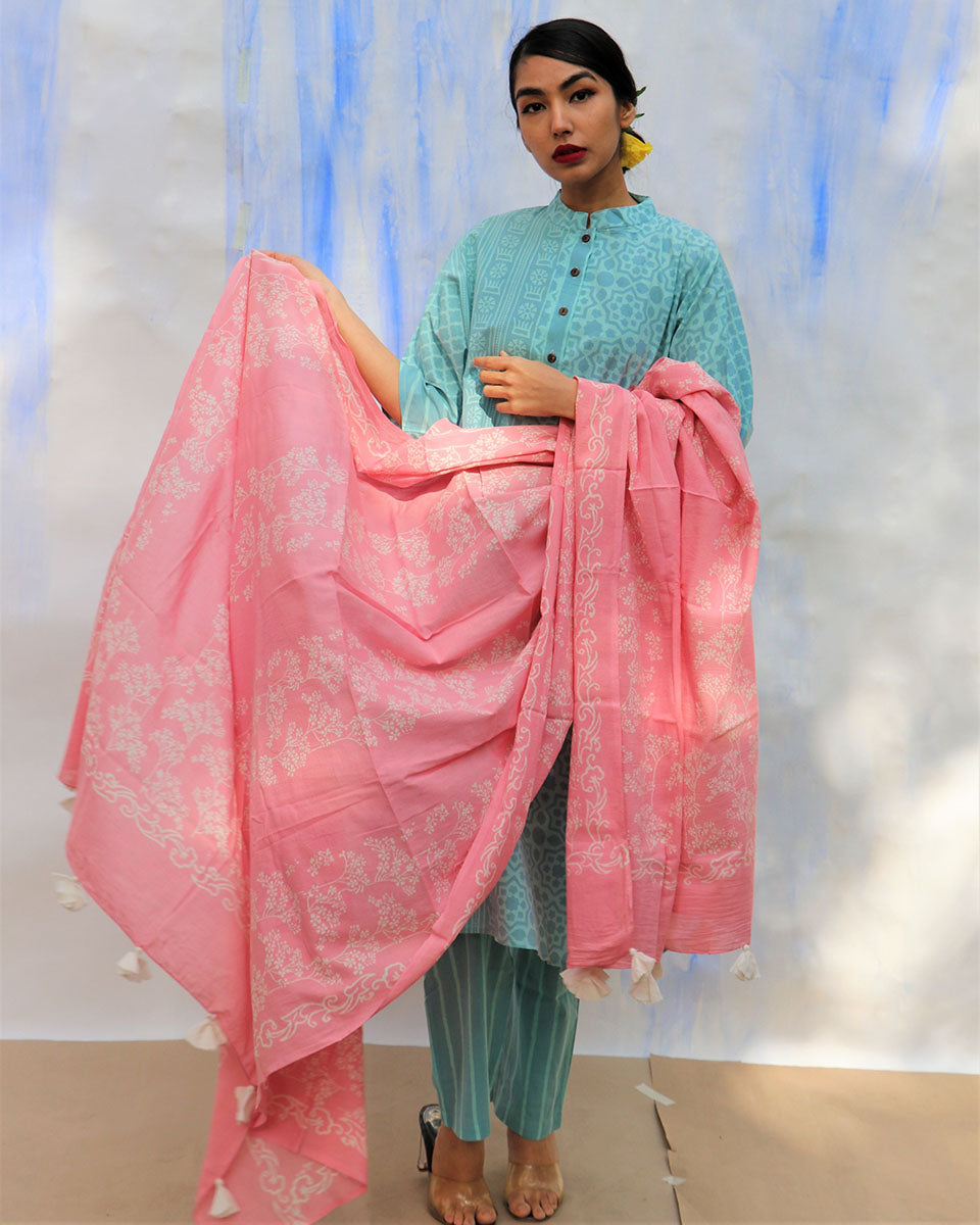 Chidiyaa SKD Pink Handprinted Pure Cotton Dupatta