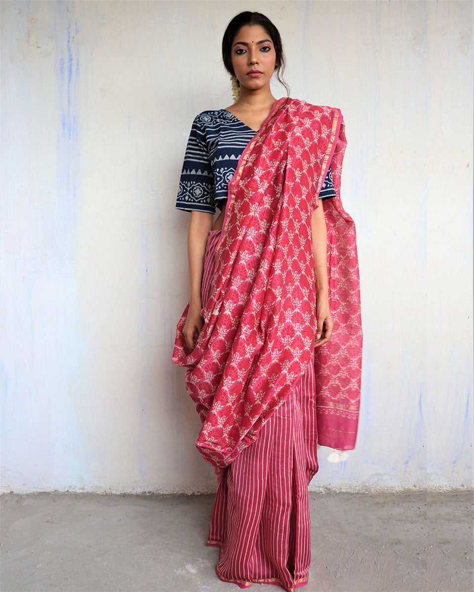 Chidiyaa Pink Chanderi Saree with Unstitched Blouse