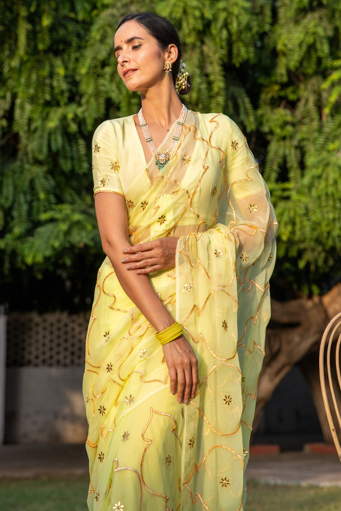 Lime Green Handcrafted Gota Jaal Chiffon Saree – Nykaa Fashion 