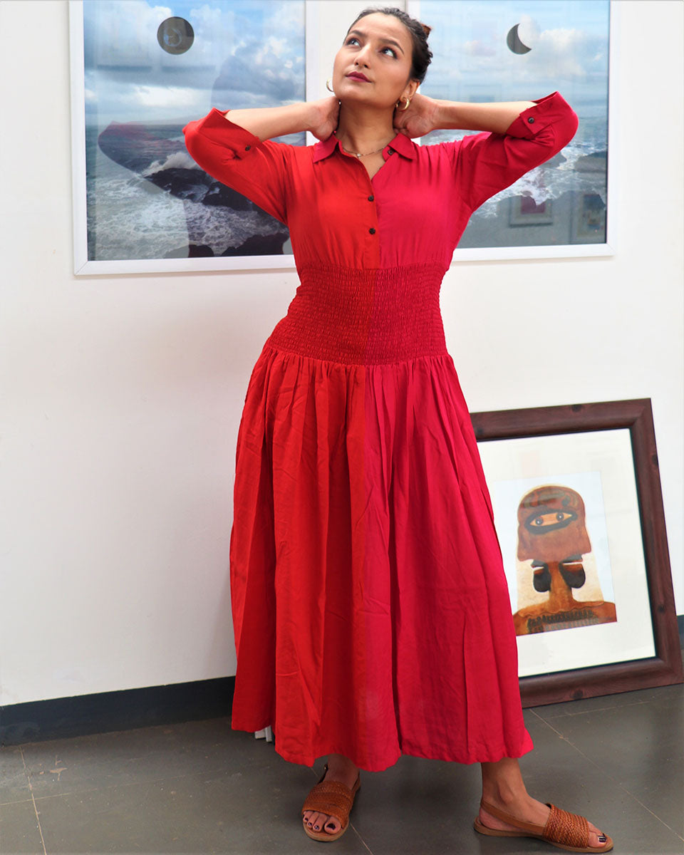 CHIDIYAA Handwoven Cotton Red Smocked Dress