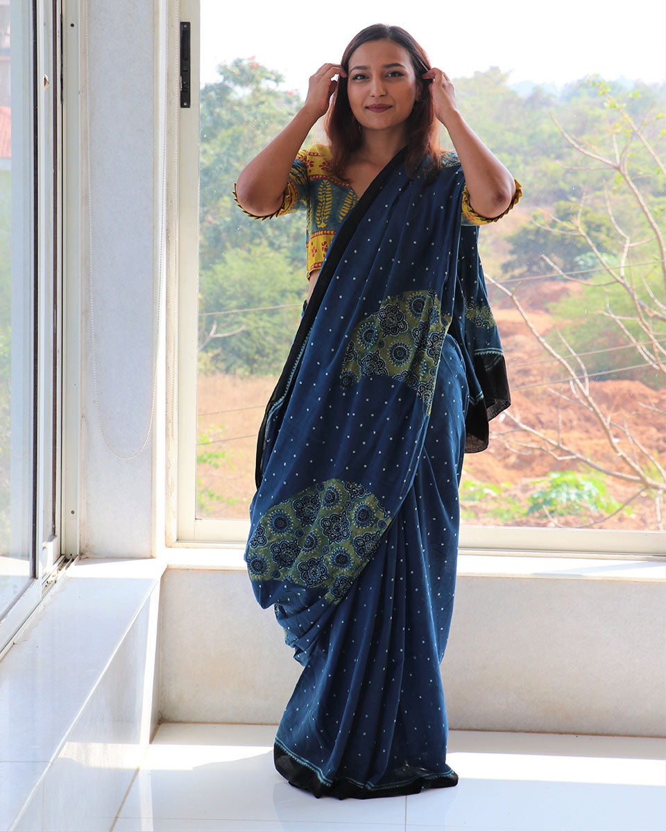 Chidiyaa Indigo Jarak Natural Dye Saree with Unstitched Blouse