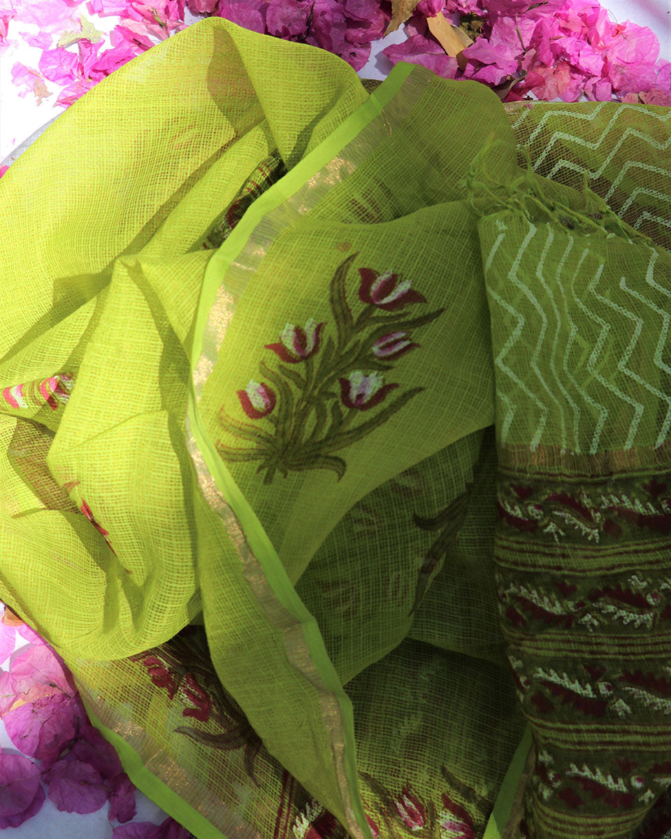 Chidiyaa Radiant Green Kota Hand Printed Dupatta - Fos
