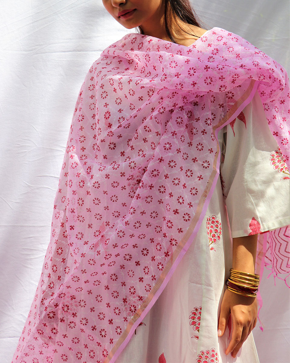 Chidiyaa Blossom Pink Kota Hand Printed Dupatta - Fos
