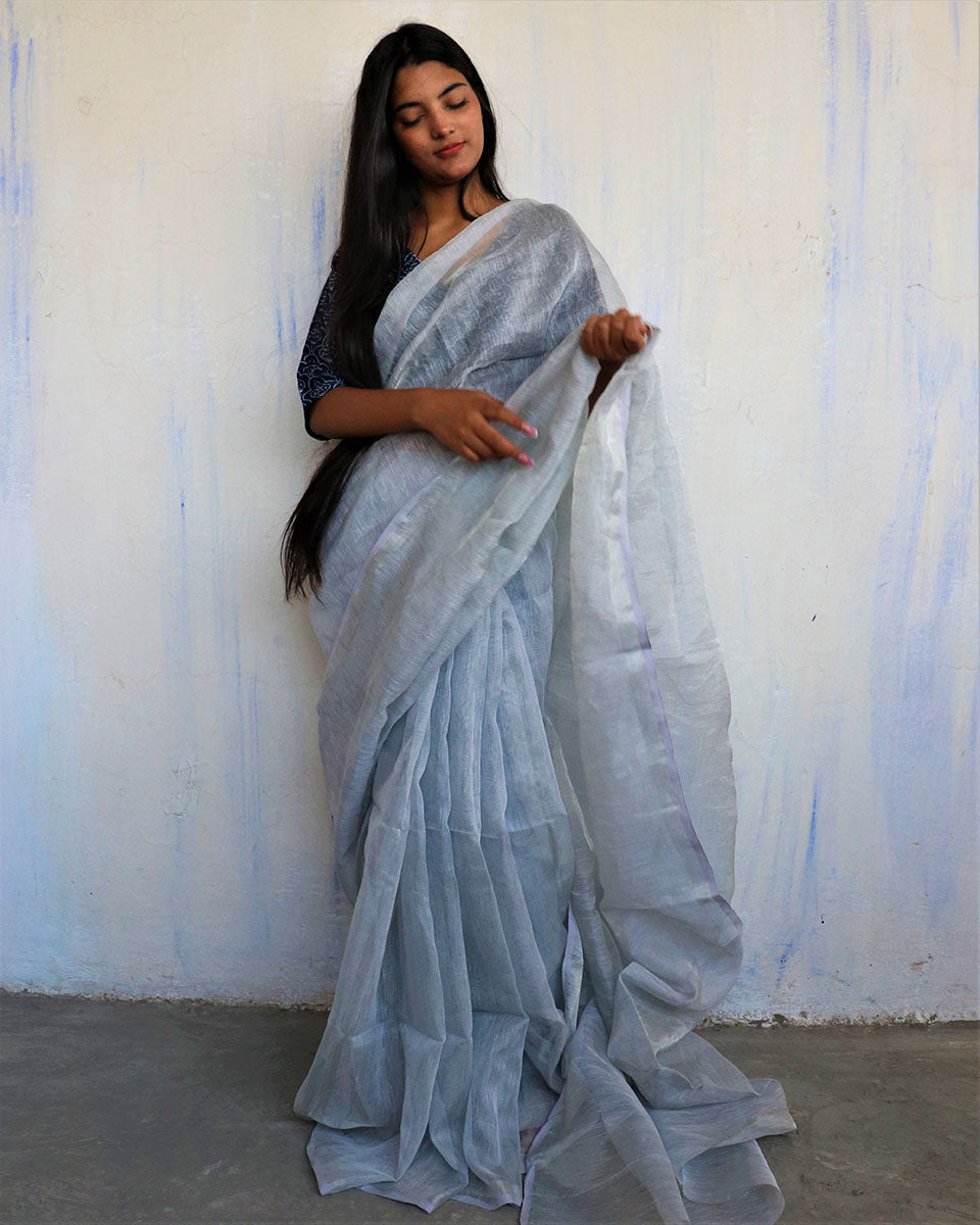 Chidiyaa Grey Linen Saree with Unstitched Blouse