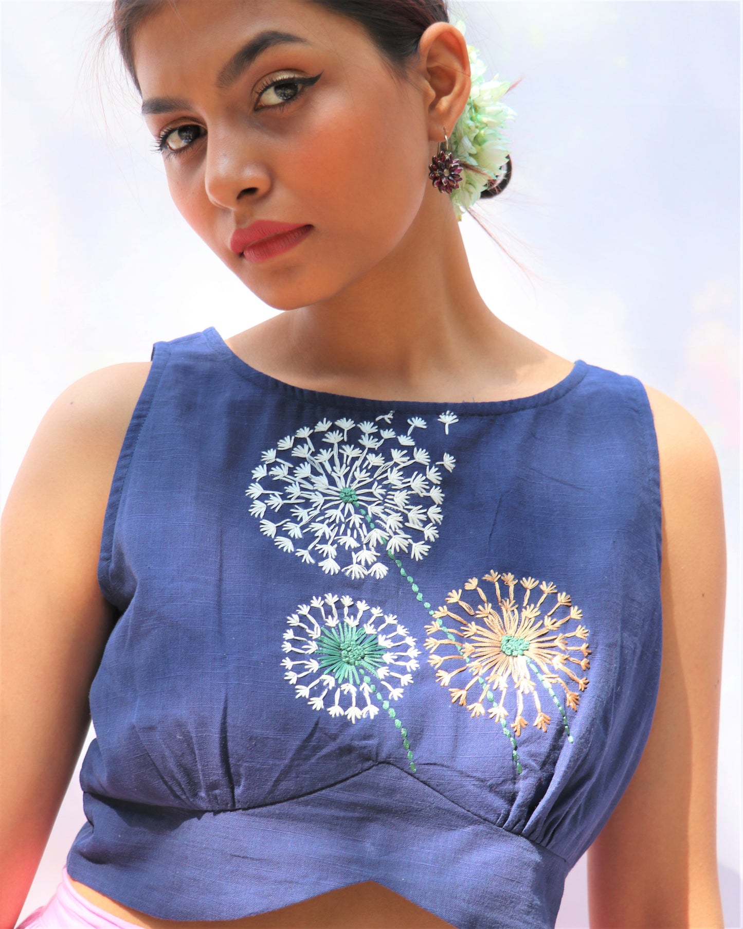 Chidiyaa Blue Dandelion Sleeveless Hand Embroidered Handwoven Cotton Blouse - Fos