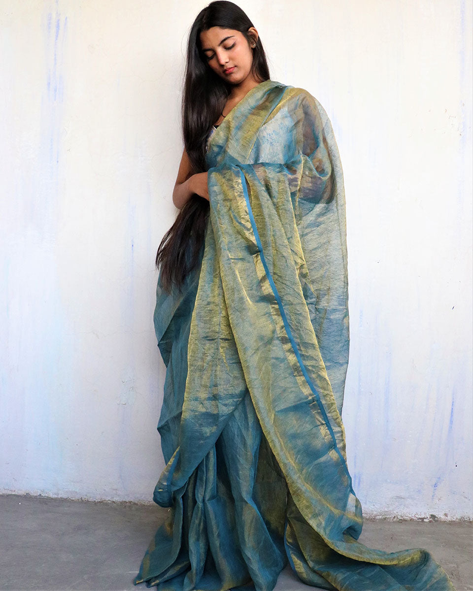 Chidiyaa Blue Linen Saree with Unstitched Blouse