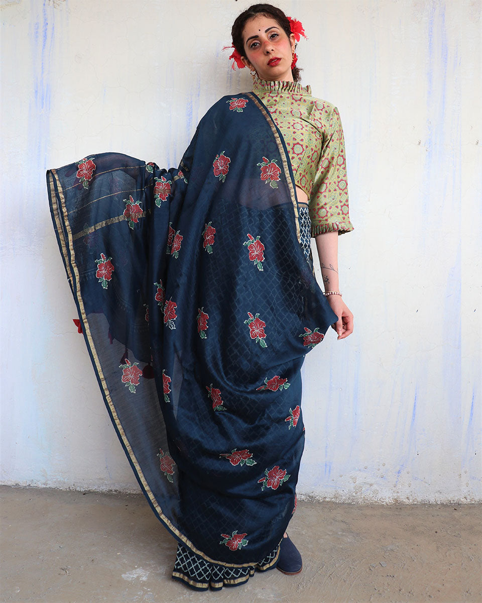 Chidiyaa Blue Chanderi Saree with Unstitched Blouse
