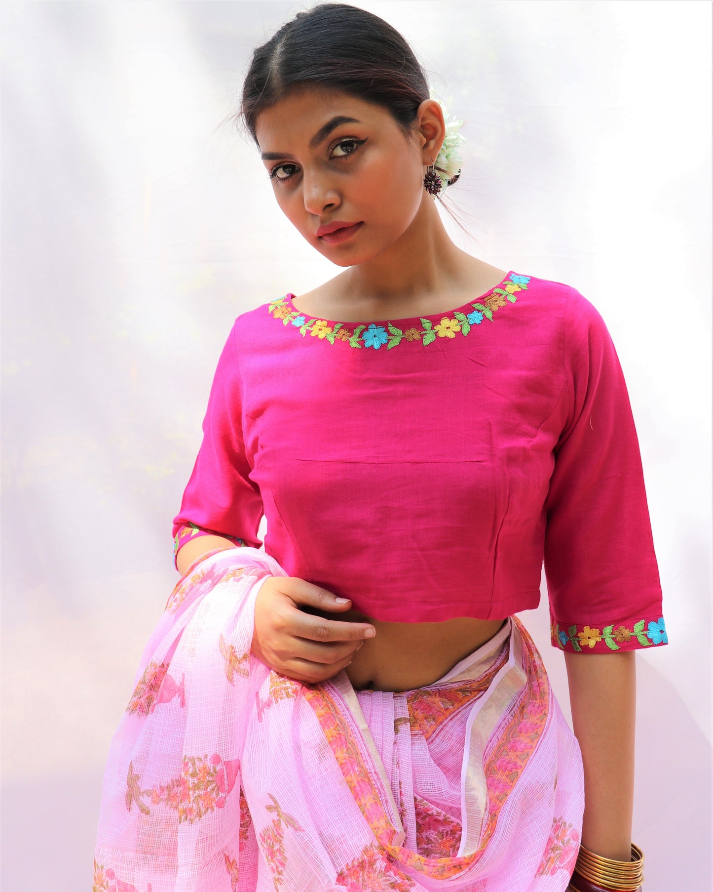 Chidiyaa Exotic Rani Hand Embroidered Handwoven Cotton Blouse - Fos