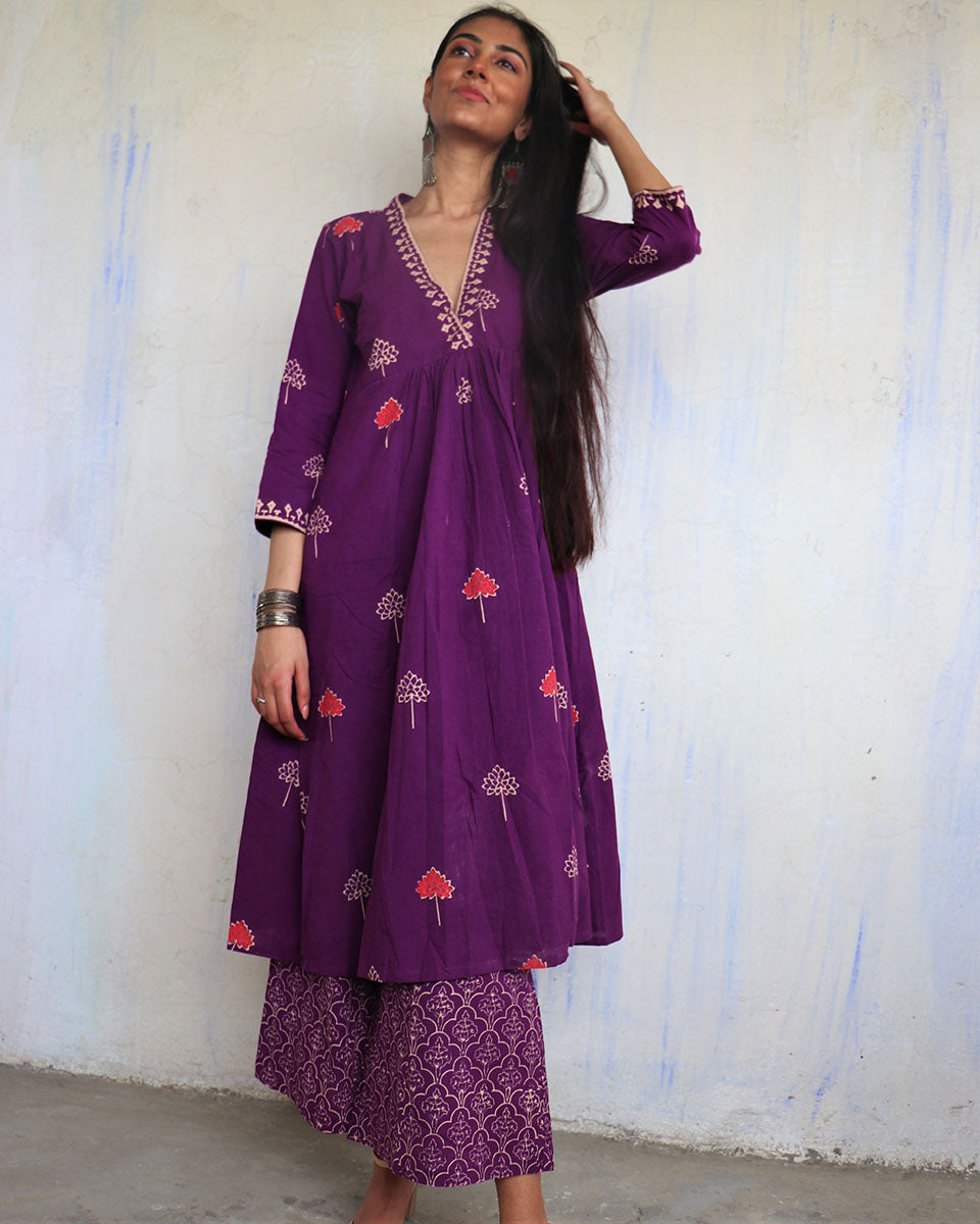 CHIDIYAA Purple Pure Cotton Block Printed Kurta Set Ajooni 2