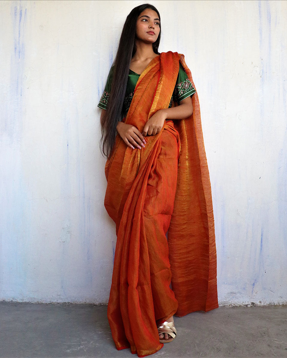 Chidiyaa Orange Linen Saree with Unstitched Blouse