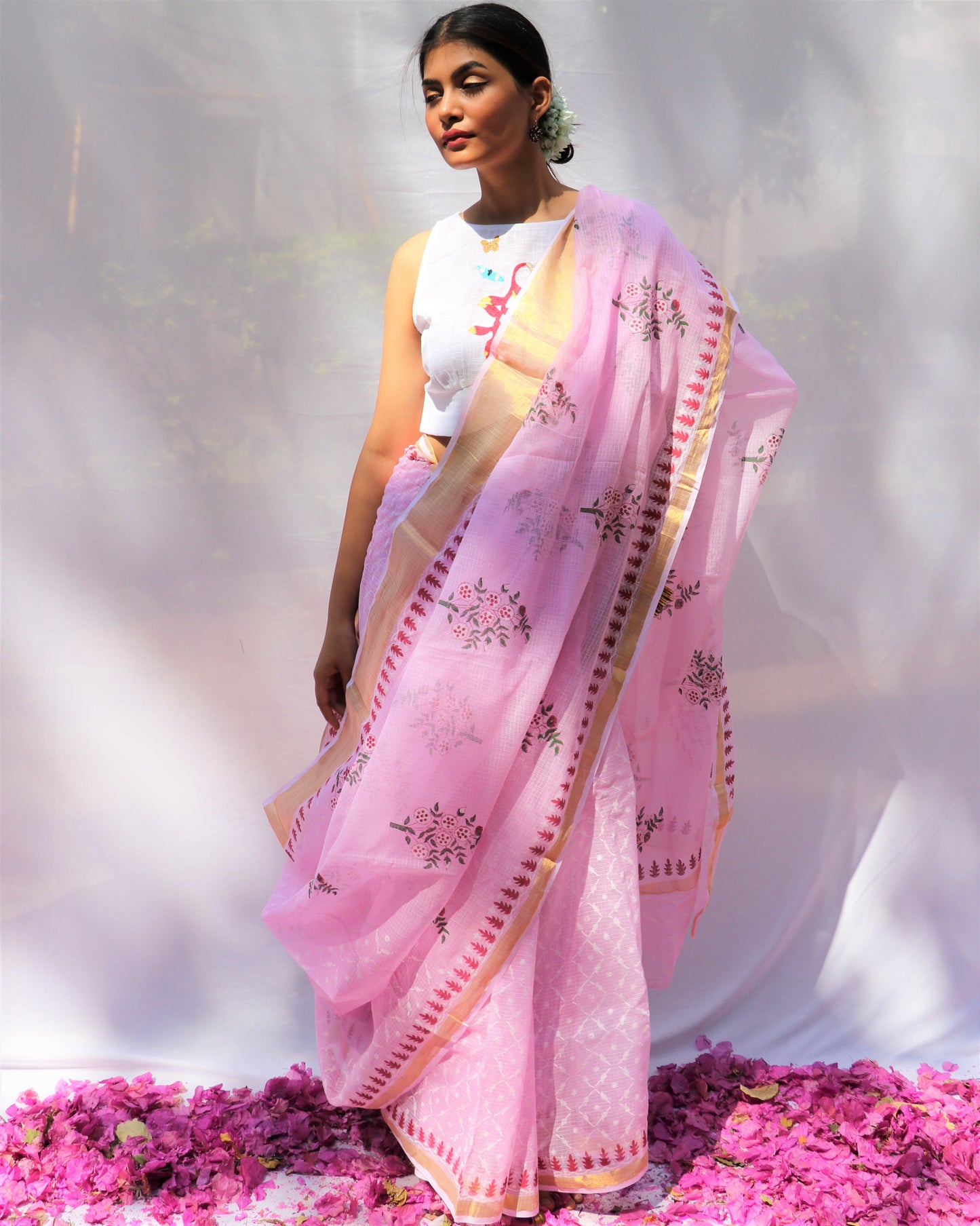 Chidiyaa Blossom Pink Kota Hand Printed Saree with Unstitched Blouse - Fos
