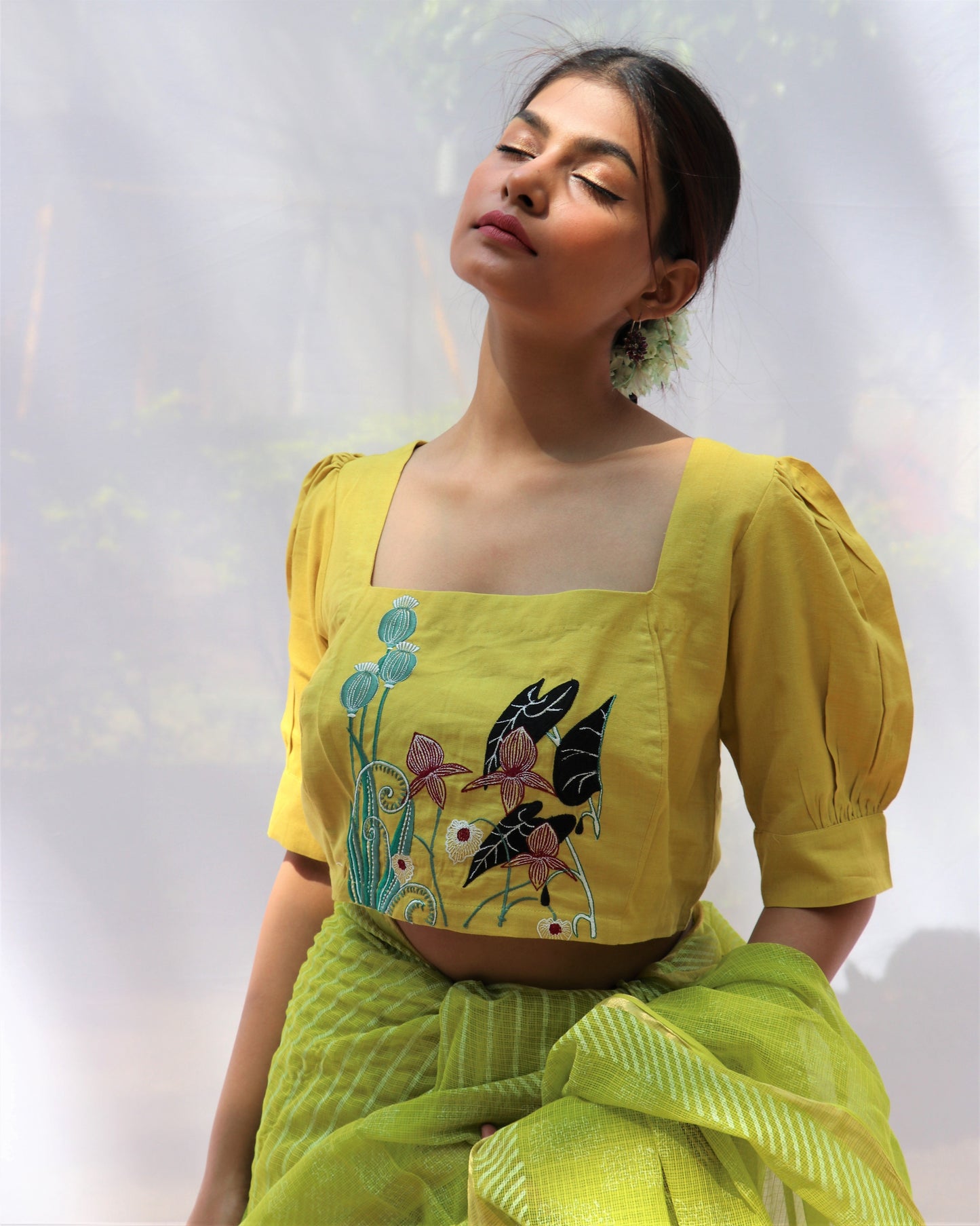 Chidiyaa Sunkissed Yellow Hand Embroidered Handwoven Cotton Blouse - Fos