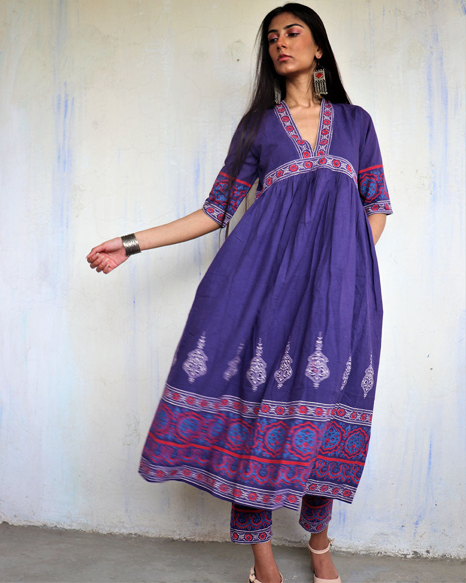 CHIDIYAA Purple Pure Cotton Block Printed Kurta Set Ajooni