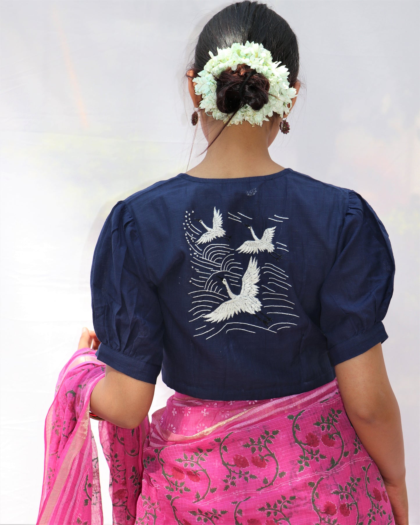 Chidiyaa Flora Blue Hand Embroidered Handwoven Cotton Blouse - Fos