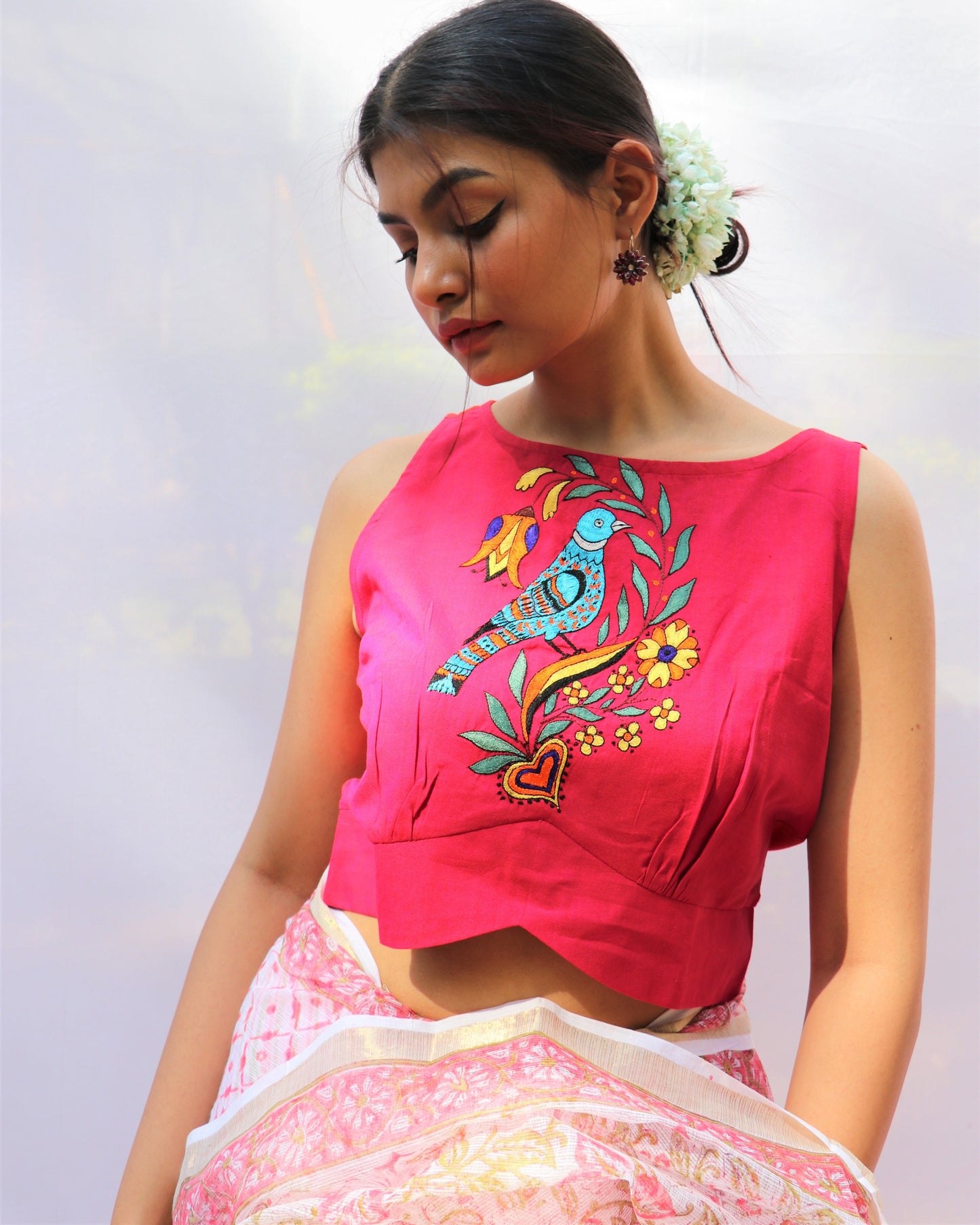 Chidiyaa Tropical Pink Parrot Sleeveless Hand Embroidered Handwoven Cotton Blouse - Fos