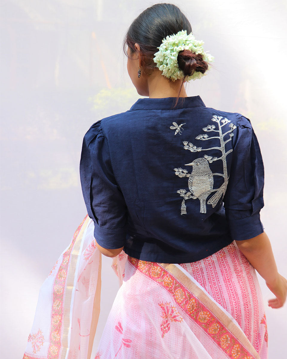 Chidiyaa Blue Bird Hand Embroidered Handwoven Cotton Blouse - Fos