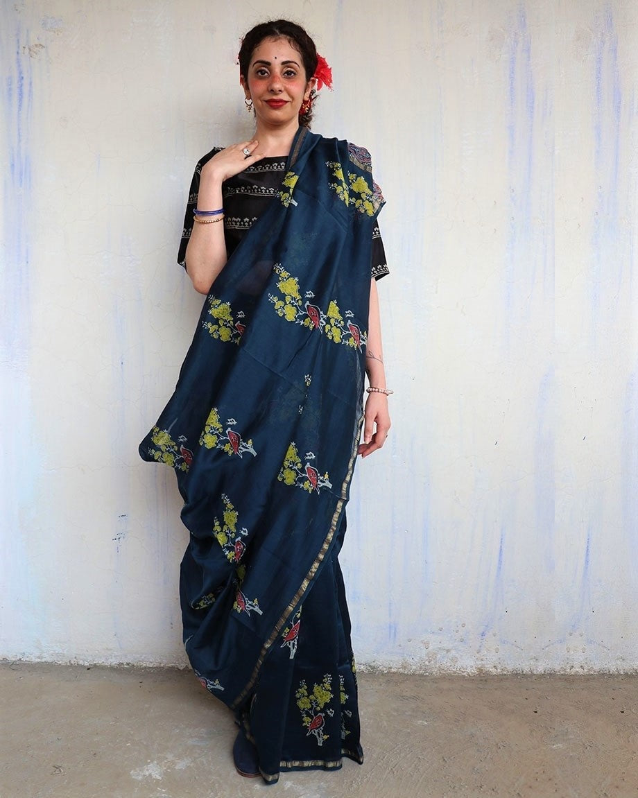 Chidiyaa Blue Chanderi Saree with Unstitched Blouse