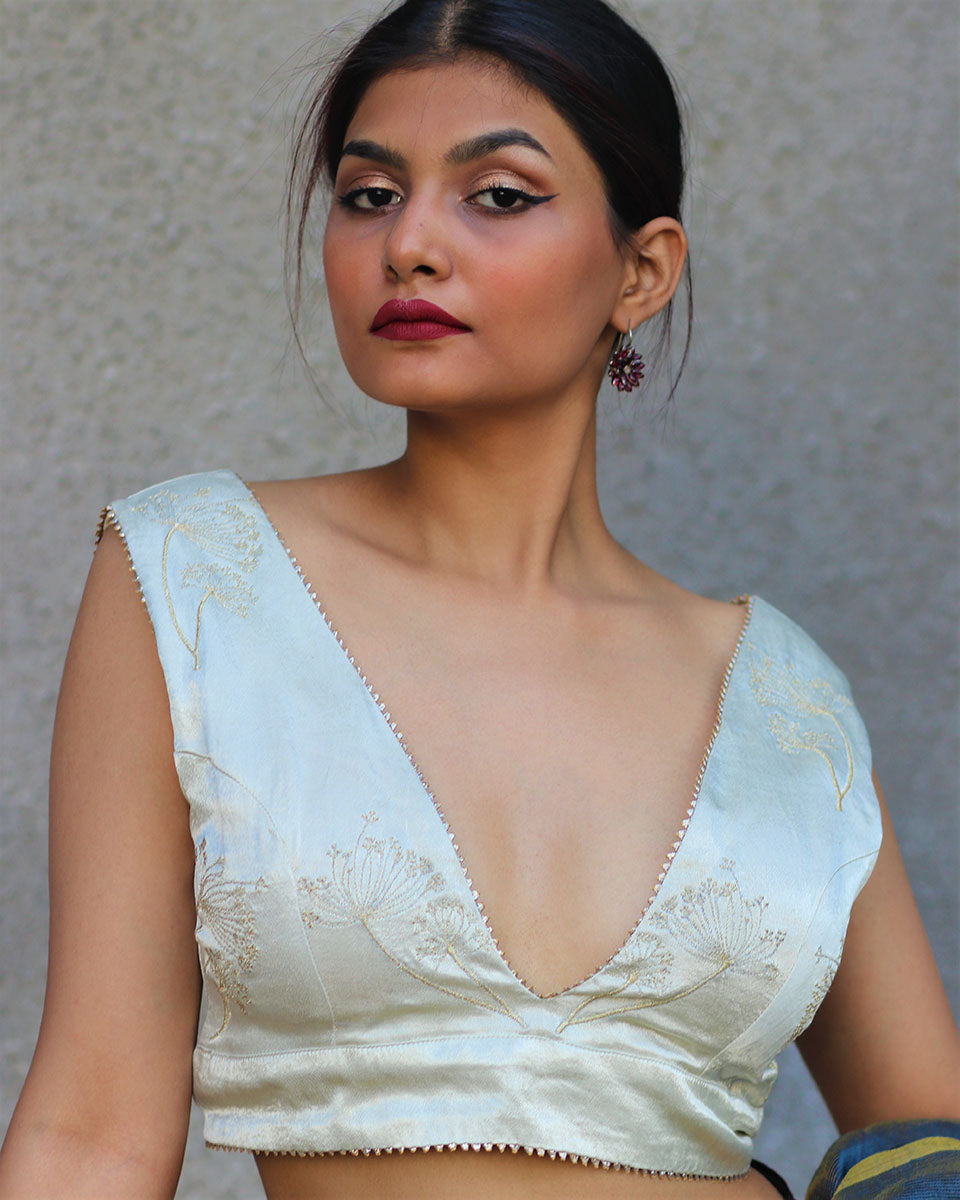 Chidiyaa Illuminous Ivory Hand Embroidered Sleeveless Blouse In Mashru Silk - Gazala