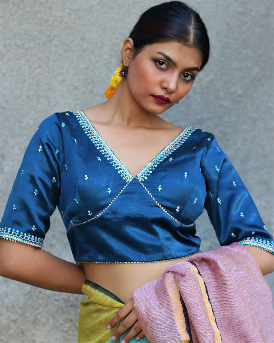 Chidiyaa Beloved Blue Hand Embroidered Blouse In Mashru Silk - Gazala