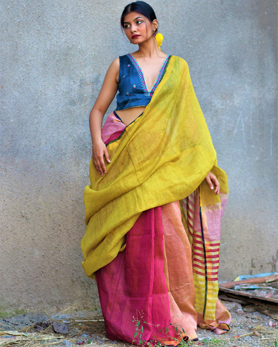 Chidiyaa Aashnaa Multi-Color Handwoven Linen Zari Saree with Unstitched Blouse - Gazala