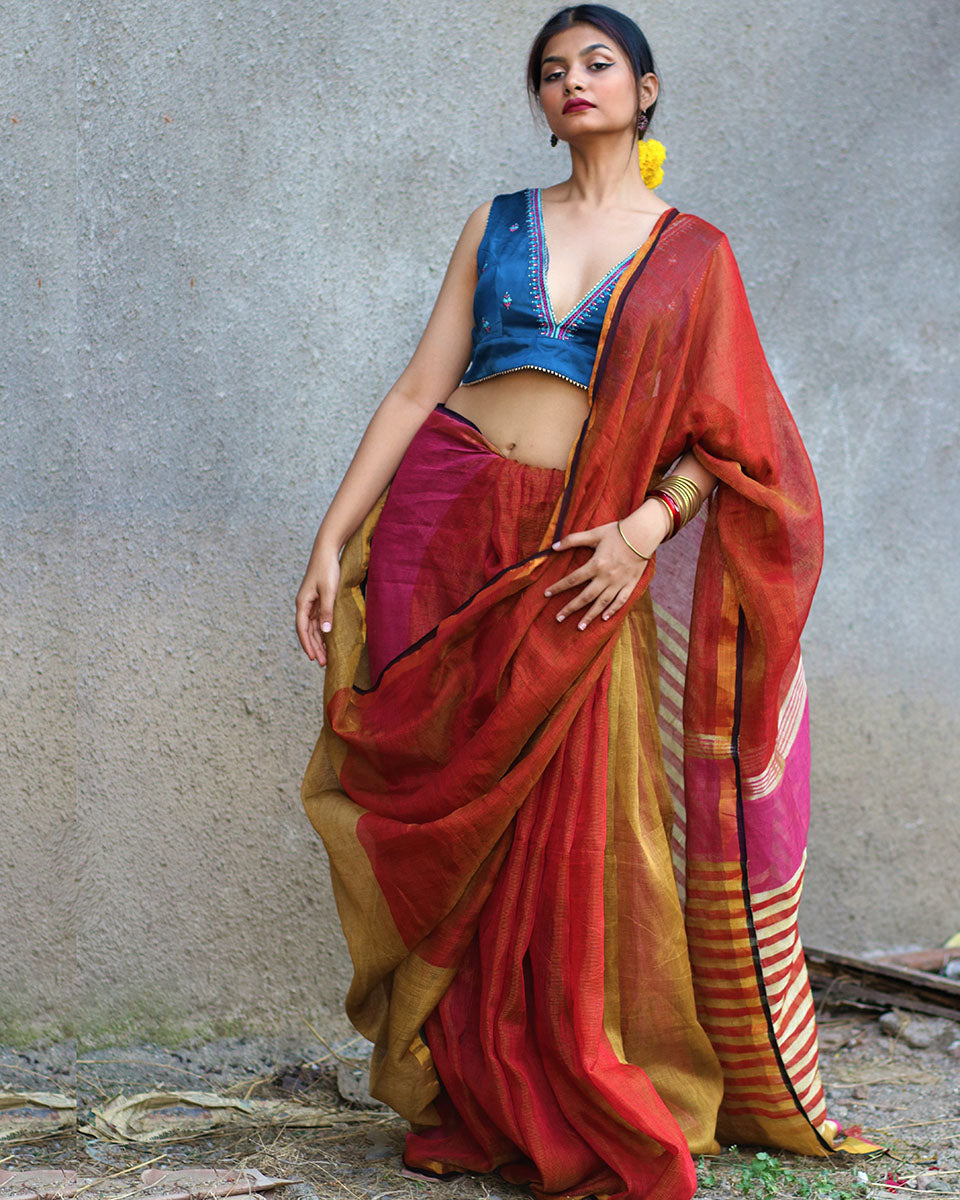 Chidiyaa Shabab Multi-Color Handwoven Linen Zari Saree with Unstitched Blouse - Gazala