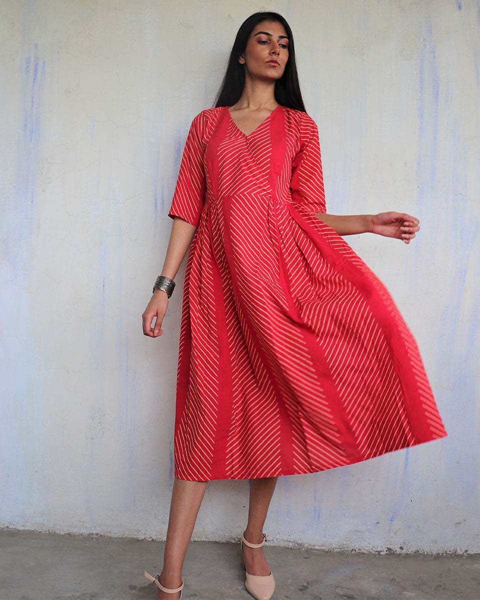 CHIDIYAA Red Pure Cotton Block Printed Dress Ajooni