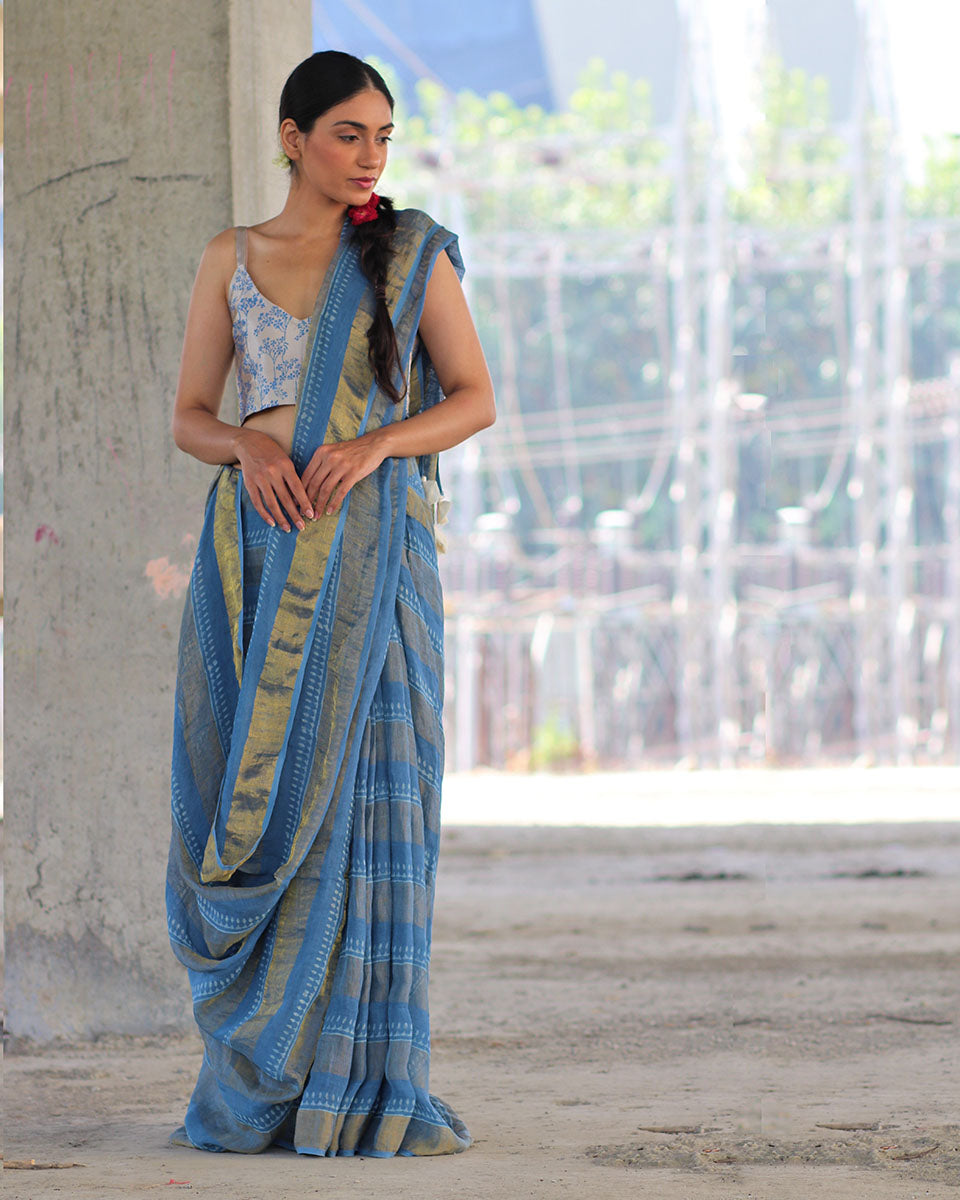 Chidiyaa Blue Linen Saree with Unstitched Blouse
