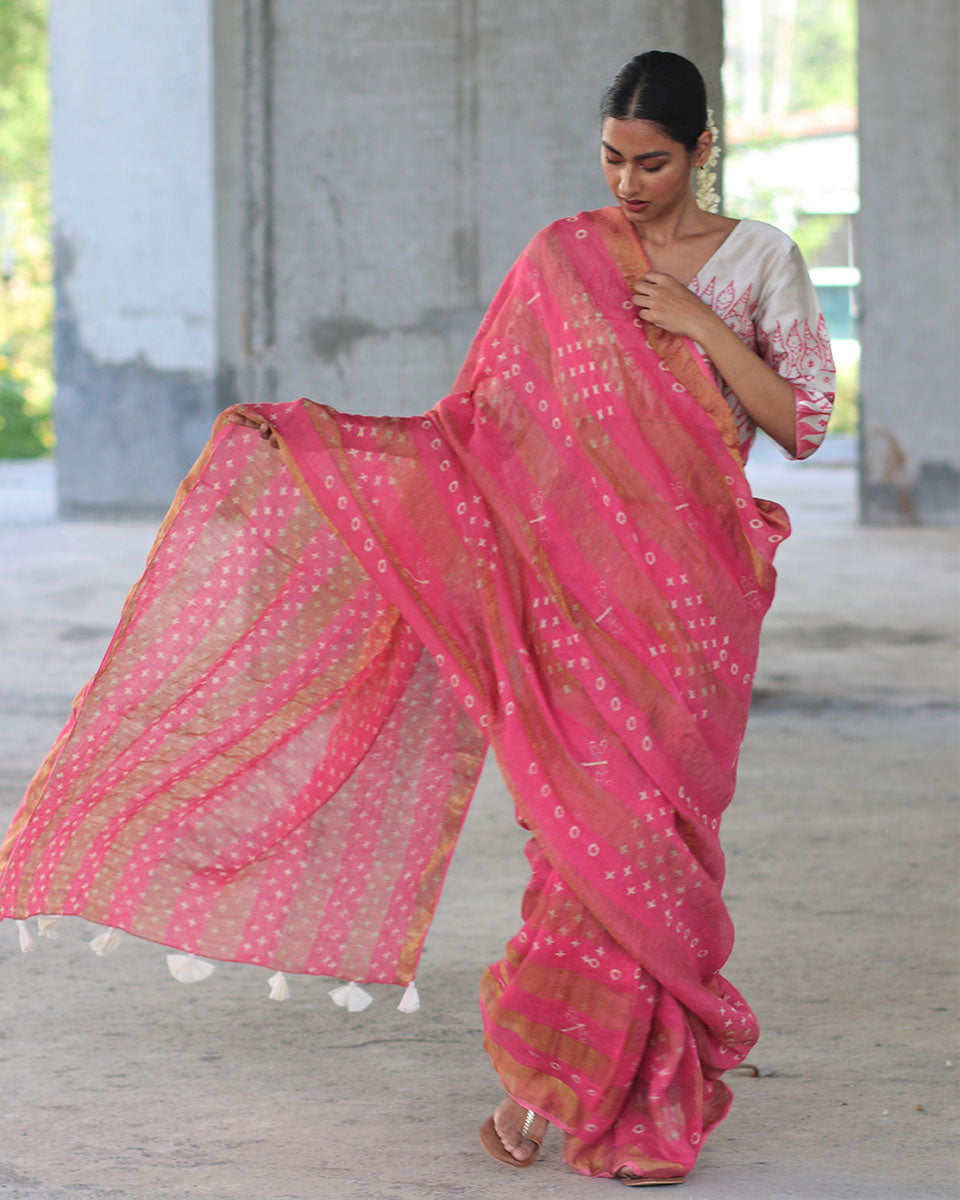 Chidiyaa Pink Linen Saree with Unstitched Blouse