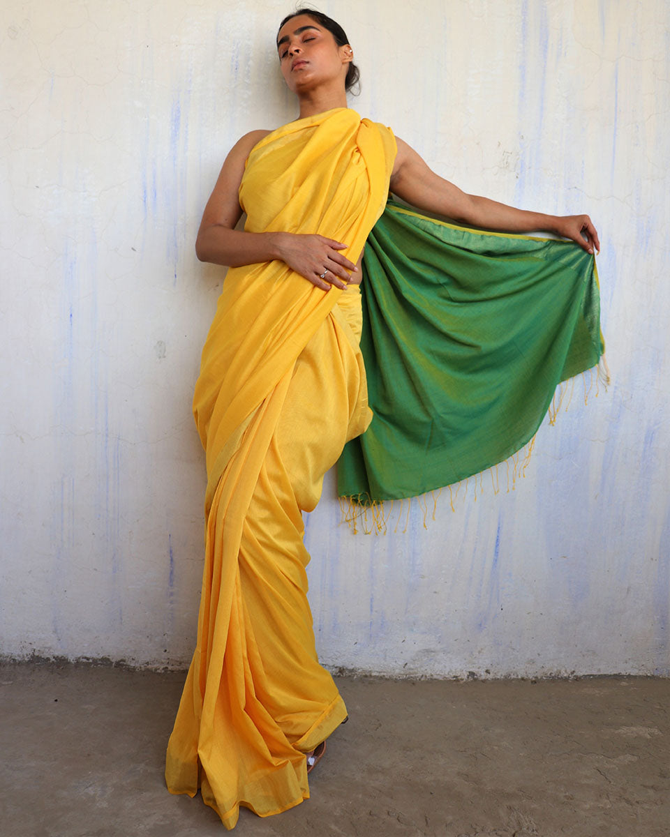 Chidiyaa Yellow Green Handwoven Viscose Cotton Saree with Unstitched Blouse - Gulal