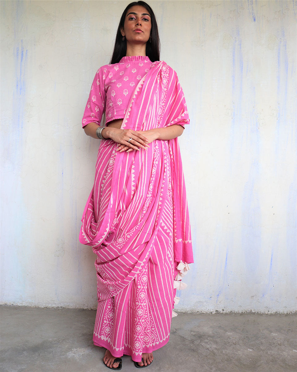 CHIDIYAA Light Pink Block printed Cotton Saree without Blouse