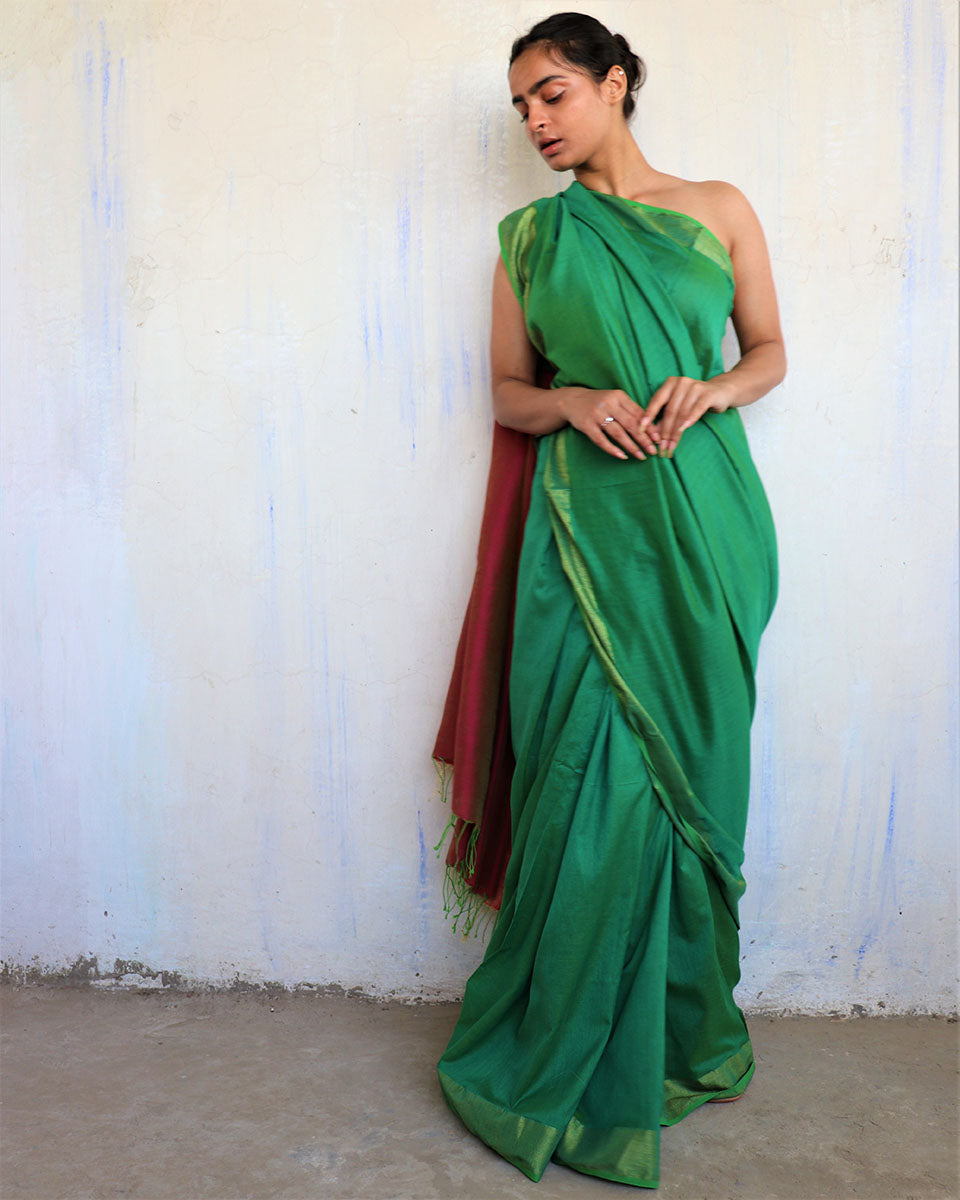 Chidiyaa Green Maroon Handwoven Viscose Cotton Saree with Unstitched Blouse - Gulal