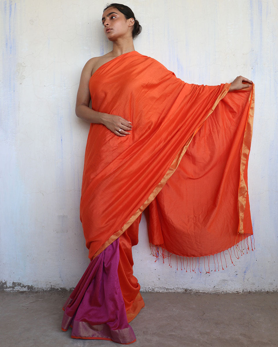 Chidiyaa Orange Purple Handwoven Viscose Cotton Saree with Unstitched Blouse - Gulal