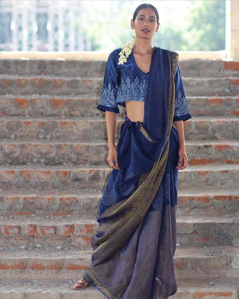 Chidiyaa Anant Blue Block Printed Handwoven Linen Zari Saree