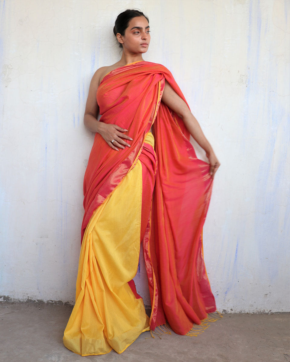 Chidiyaa Orange Yellow Viscose Cotton Saree with Unstitched Blouse - Gulal