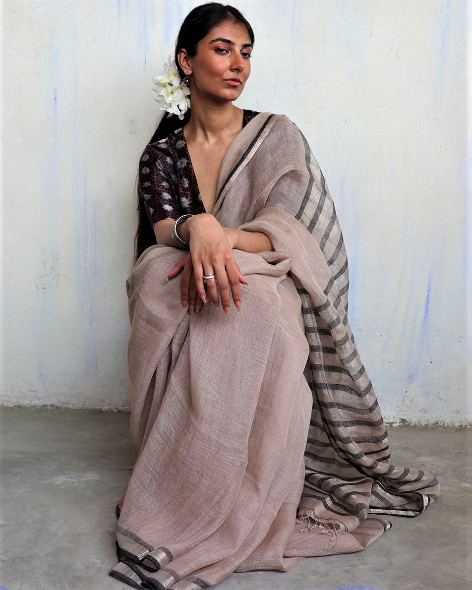 Chidiyaa Smita Earthy Brown Black Handwoven Linen Saree