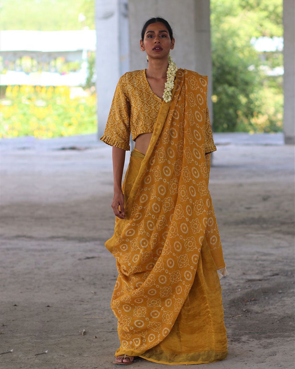 Chidiyaa Anant Yellow Block Printed Handwoven Linen Zari Saree