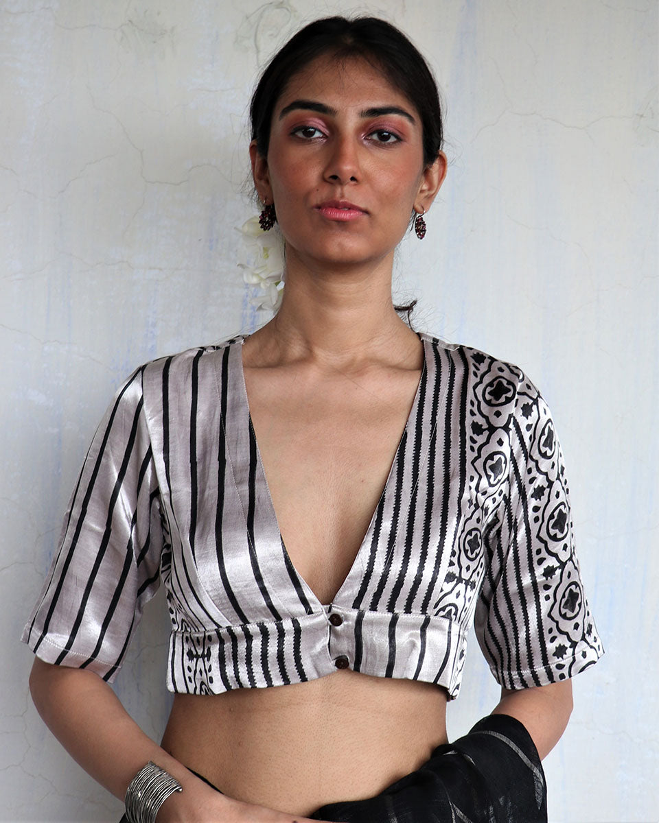 Chidiyaa Asha Ivory Hand Blockprinted Mashru Silk Blouse