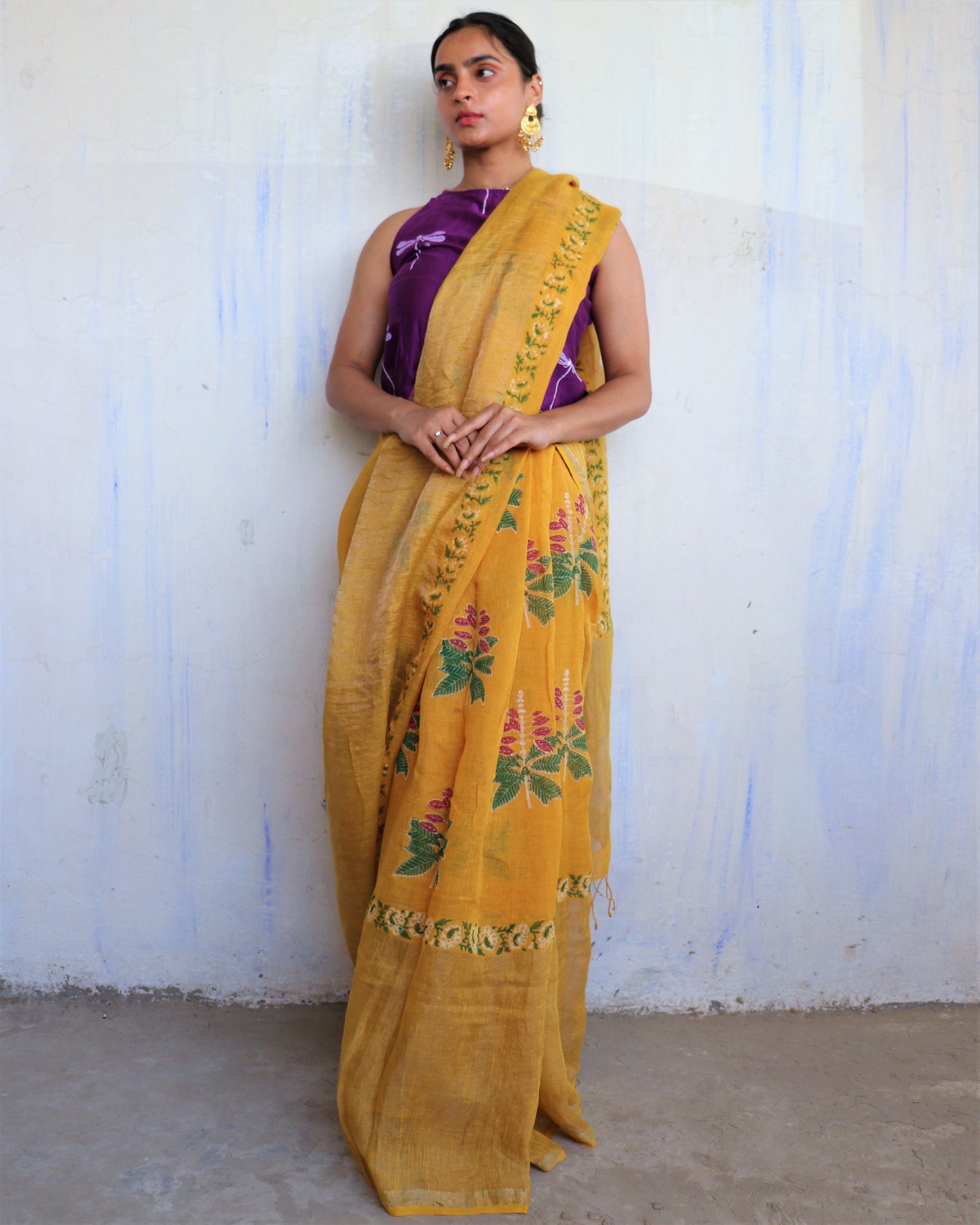Chidiyaa Piara Yellow Handwoven Linen Zari Saree with Unstitched Blouse - Soni