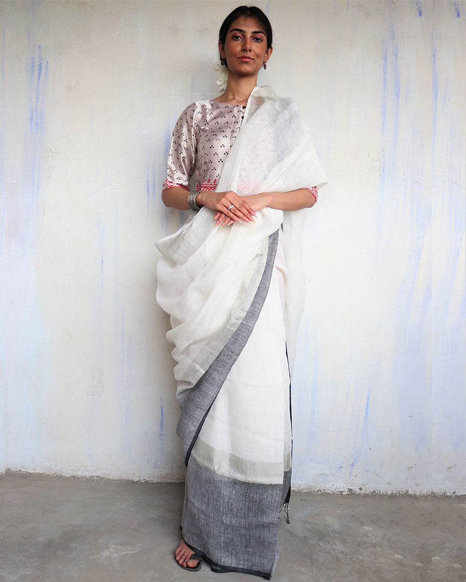 Chidiyaa Sadhana White Grey Handwoven Linen Saree