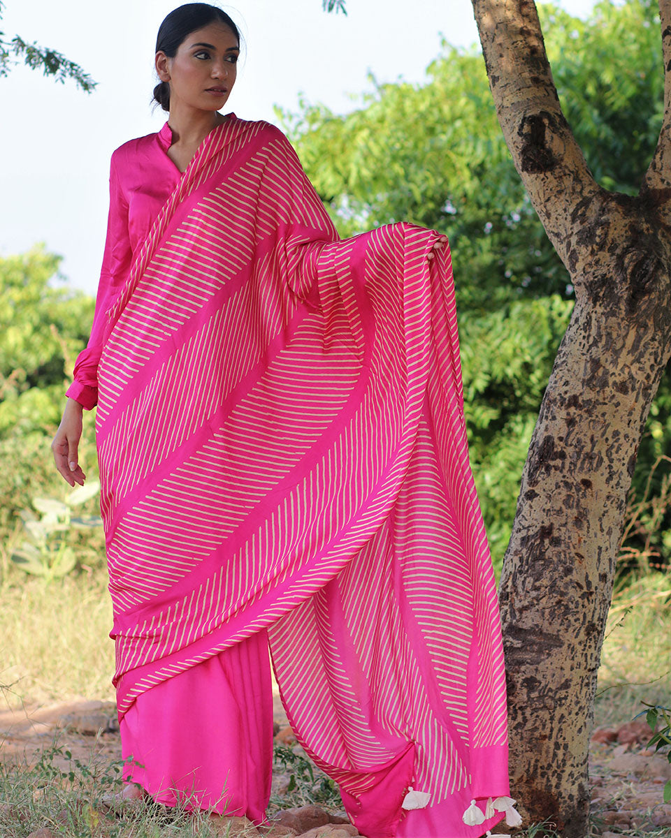 Chidiyaa Pink Modal Silk Saree with Unstitched Blouse