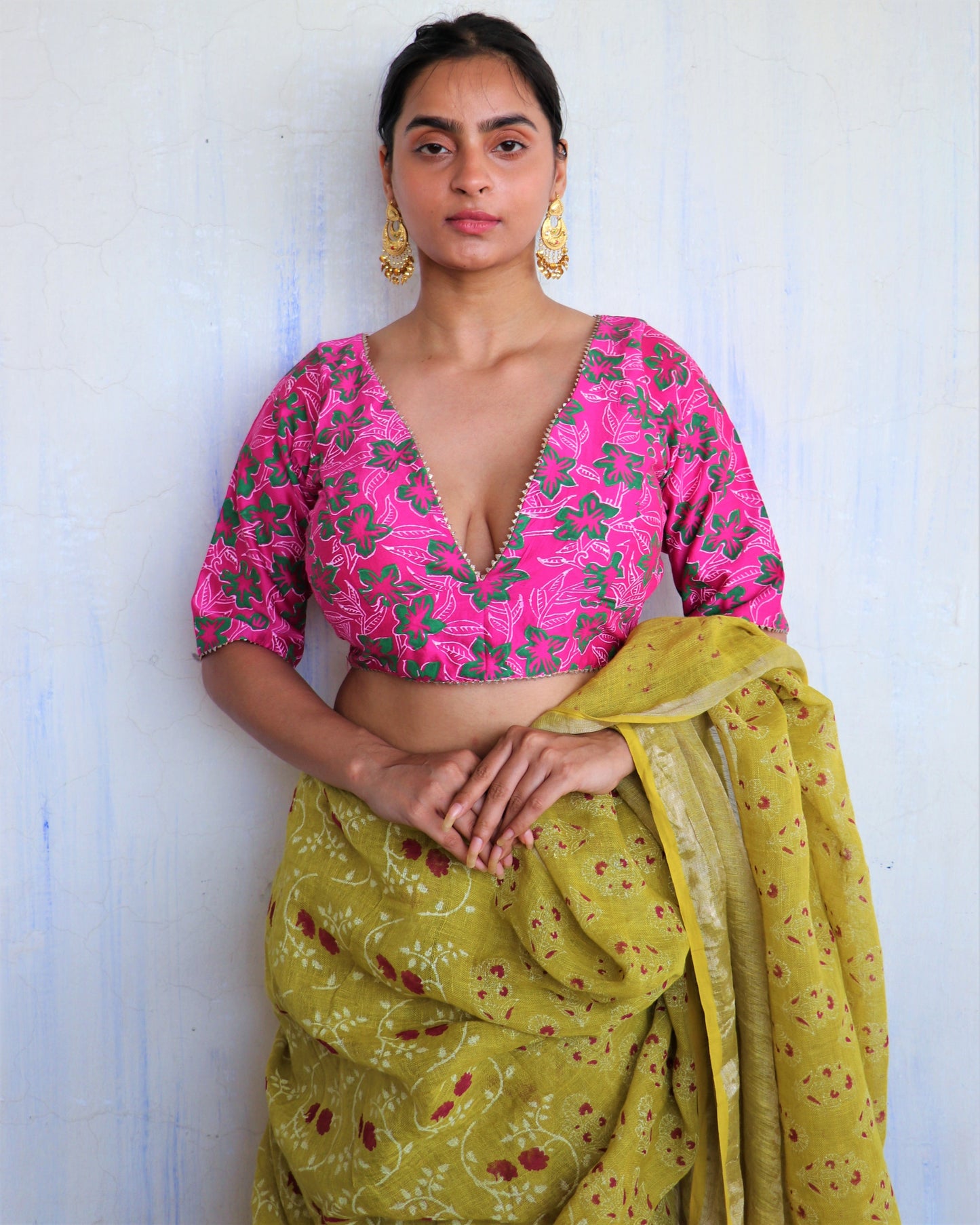 Chidiyaa Pink Floral Block Printed Chanderi Blouse - Soni