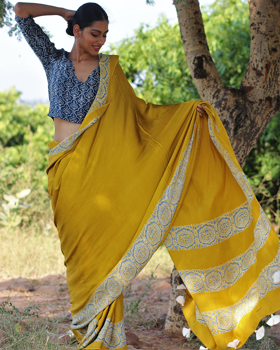 Chidiyaa Mustard Modal Silk Saree with Unstitched Blouse