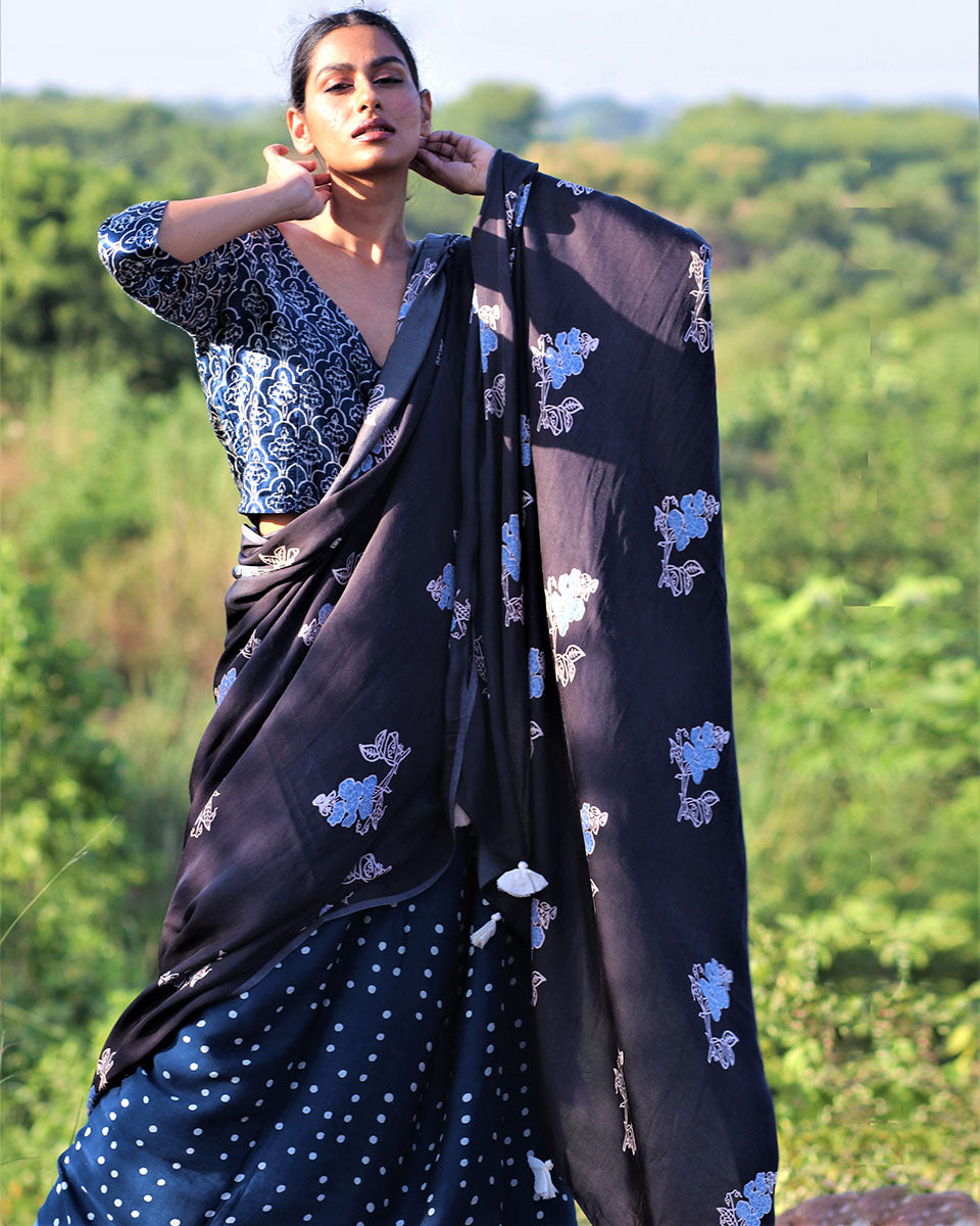 Chidiyaa Blue Modal Silk Saree with Unstitched Blouse