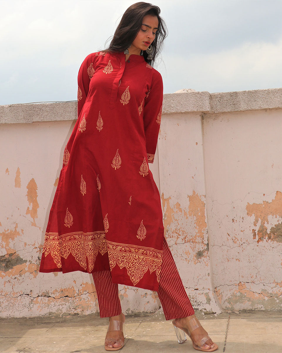 CHIDIYAA Red Block printed Kurta Set 1 (Set of 2)